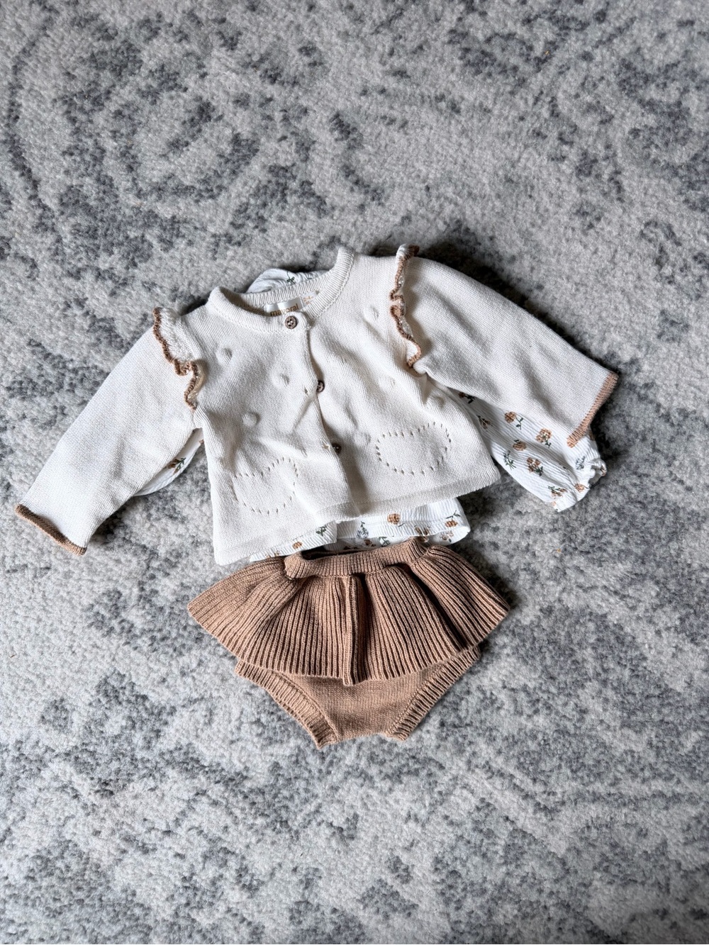 Mayoral Cream and Tan Knit Cardigan Set with Ruffled Bloomers